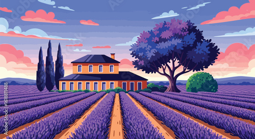 Lavender field landscape with house and trees vector illustration artwork design