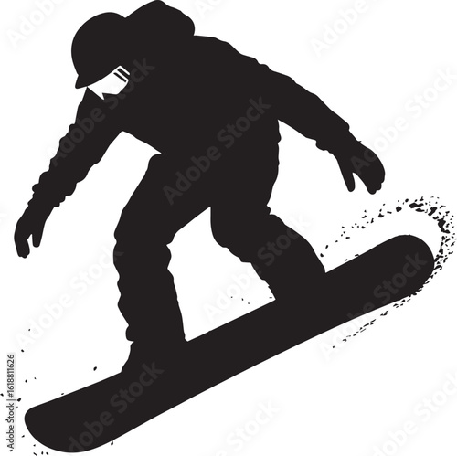 Silhouette of snowboarder in action kicking up snow black white