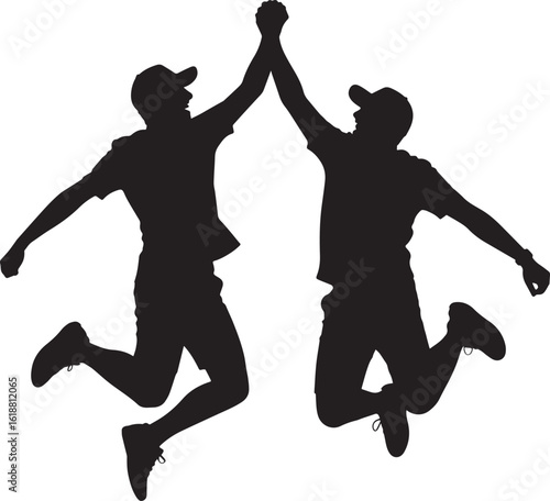 Two men jumping high five celebration people black