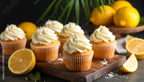 Delicious lemon cupcakes on a wooden board