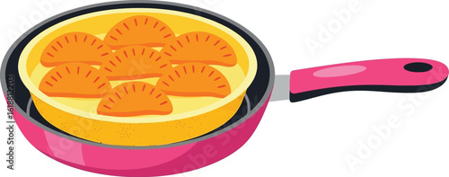 Cooking delicious dumplings in a pink pan vector illustration for food blog use