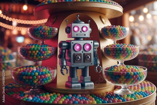 A Retro Robot Standing Guard Over a Carousel of Colorful Gumballs