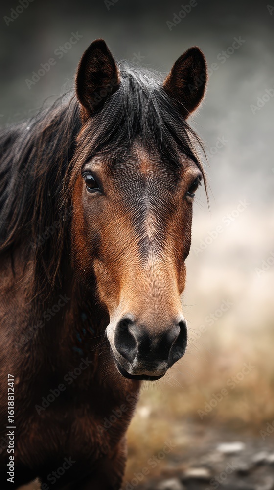 Obraz premium Majestic brown horse standing calmly in a serene outdoor setting surrounded by soft natural lighting