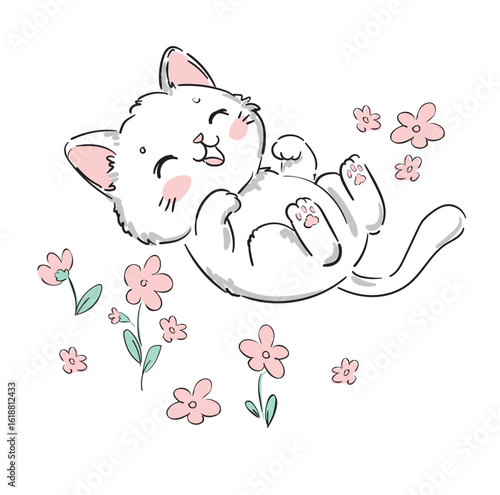 Cute Hand Drawn Kitten with Flowers Vector Illustration Cat