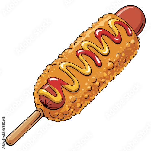Delicious cartoon corn dog with mustard and ketchup an iconic american fair food with crispy batter coating and wooden stick handle