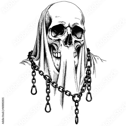 Ghost in chains black and white sketch with black capillary pen in vintage style on white background for Halloween  