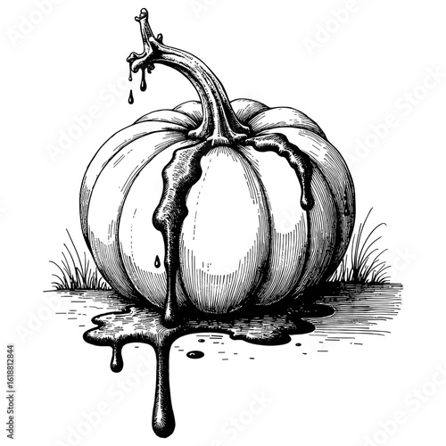 Black and white sketch of bleeding pumpkin in vintage style on white background for Halloween  