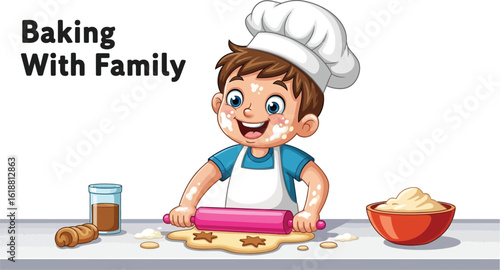 Happy Young Boy Wearing Chef Hat Rolling Dough with Rolling Pin, Baking Cookies, and Having Fun in the Kitchen