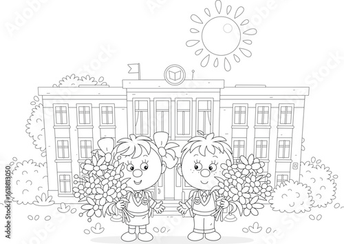 Happy little schoolboy and schoolgirl with schoolbags and flowers going to their pretty school on the first of September, black and white vector cartoon illustration for a coloring book
