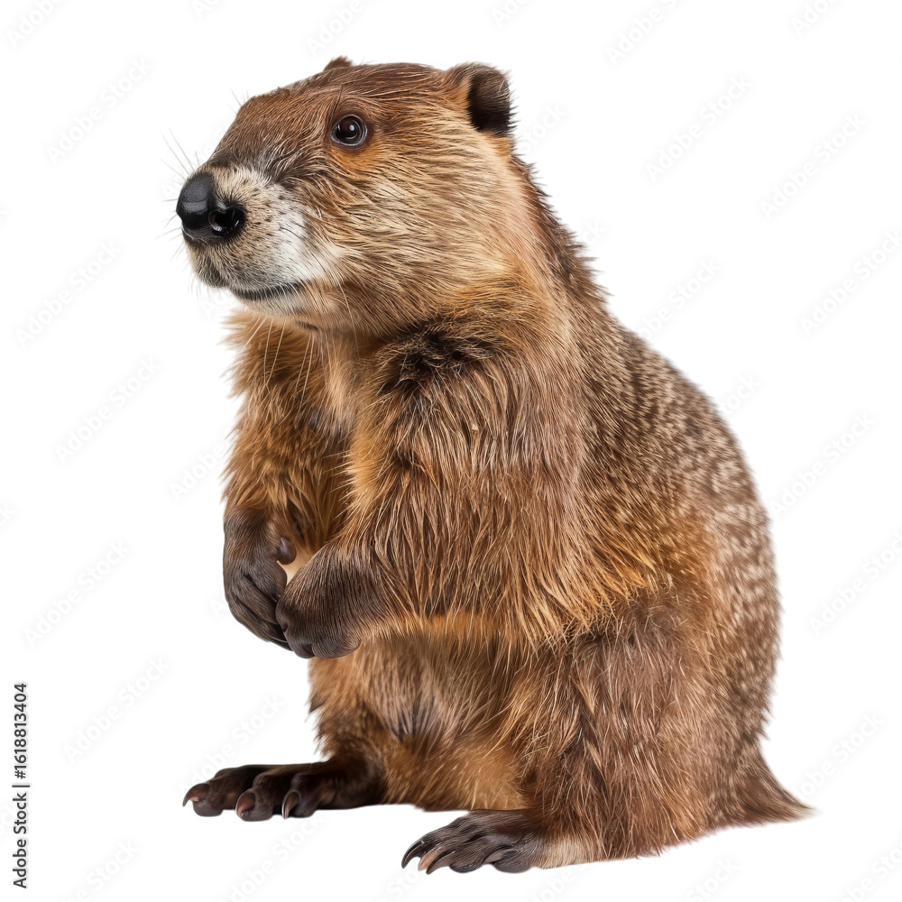 Fototapeta premium A close-up of a curious brown groundhog standing on its hind legs.