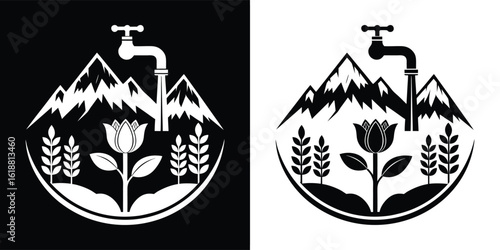 A mountain landscape with a water tap, a blooming tulip, and plants, symbolizing natural resources and conservation