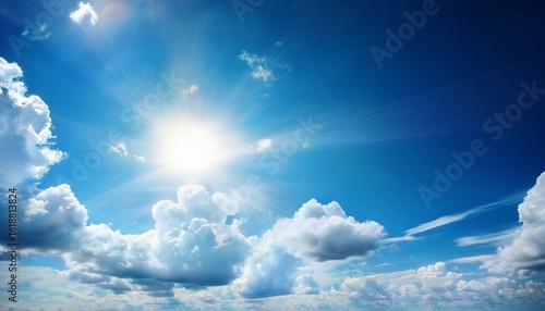 stunning summer sky background bright sun fluffy clouds and lens flare