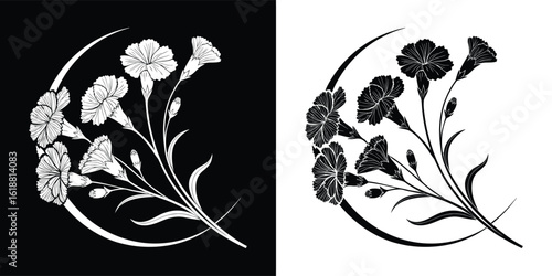 A floral arrangement with carnations and leaves, presented in black and white