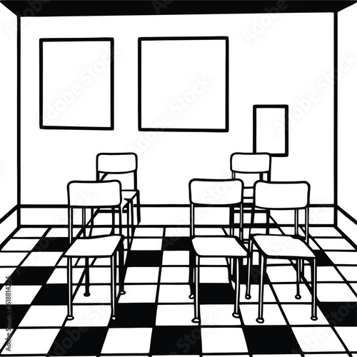 classroom with colorful floor tiles chairs and desks