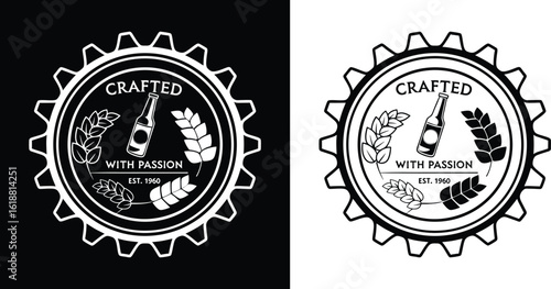 Crafted With Passion logo featuring beer bottle, wheat and hop elements in a bold gear-style circular badge, est. 1960