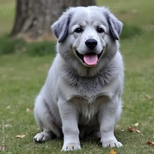 It features a furry, affectionate puppy sitting on the lawn.