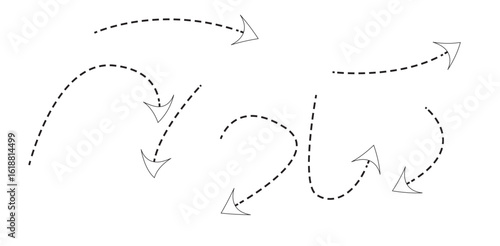 dotted arrow collection, hand drawn curved dashed arrow set in various directions isolated on clean white for infographic path navigation flow chart process or presentation

