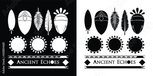 A collection of tribalinspired symbols including feathers and suns, with the text ancient echoes, presented in contrasting black and white versions