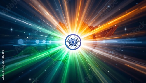 Abstract futuristic background with glowing Indian map, flag colors, and light beams