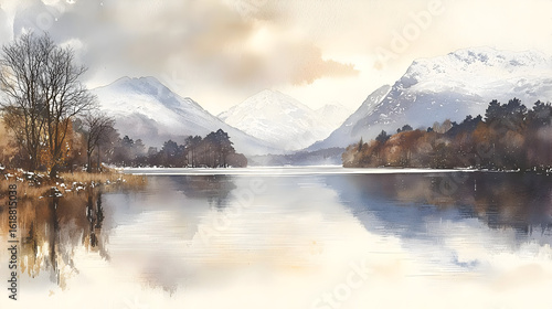 Peaceful Mountain Lake Watercolor Landscape