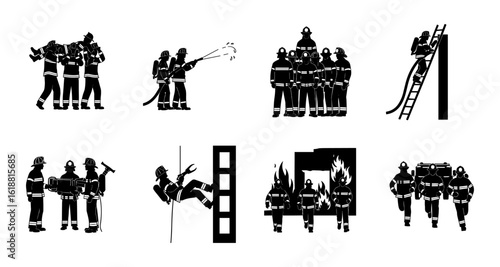 Set of distinct black and white firefighter silhouettes engaged in various rescue and emergency response activities silhouette