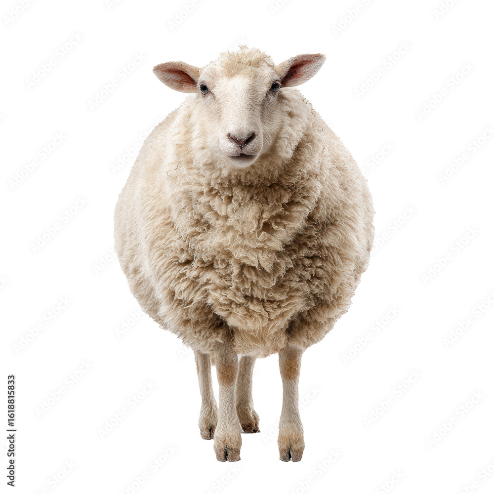 Fototapeta premium Isolated portrait of a fluffy sheep showcasing its unique characteristics and charm against a pure white backdrop