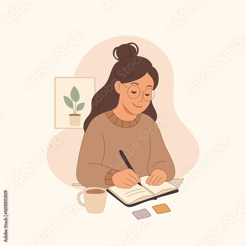 Minimalist flat vector style a woman writing notes typing and working on office laptop illustration