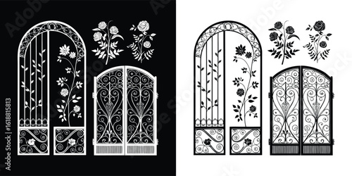 Floral wrought iron gate vector set with roses and vines in black and white for decorative architecture and vintage design use