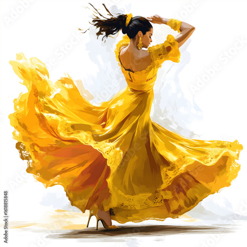 In the whirlwind of flamenco - a dance of passion and sun. A bright illustration depicts a flamenco dancer in a spectacular yellow dress, twirling in the rhythm of a passionate dance. Dynamic pose.
