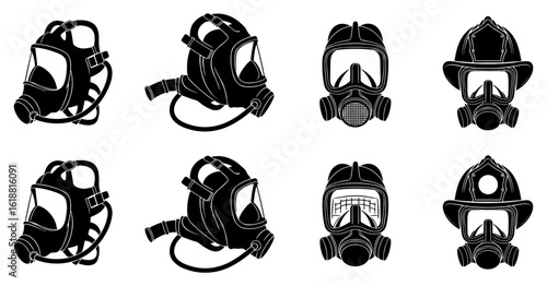 Set of firefighter breathing apparatus masks in a stark black and white silhouette style showcasing different designs and equipment