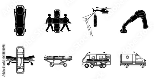 Medical emergency transport and rescue equipment including stretchers gurneys and ambulances in a clean silhouette style