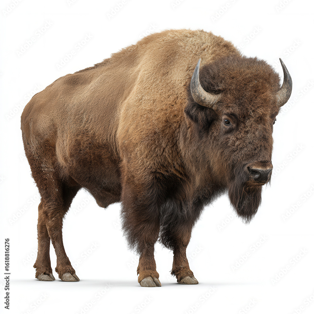 Majestic American bison stands proudly, showcasing its strength and resilience in a full-body portrait against a white background Majestic American bison stands proudly, showcasing its strength and resilience in a full-body portrait against a white background