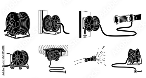 Various garden hose reels and watering setups shown in a clear black and white silhouette style