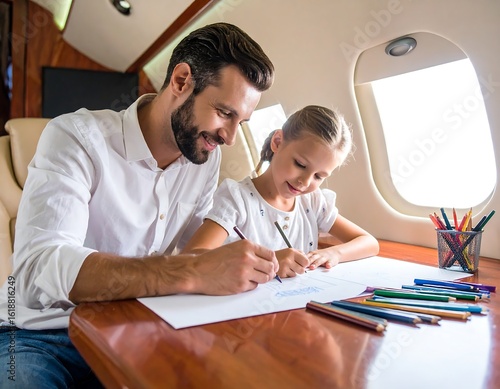 Father and daughter drawing in a private jet (3)