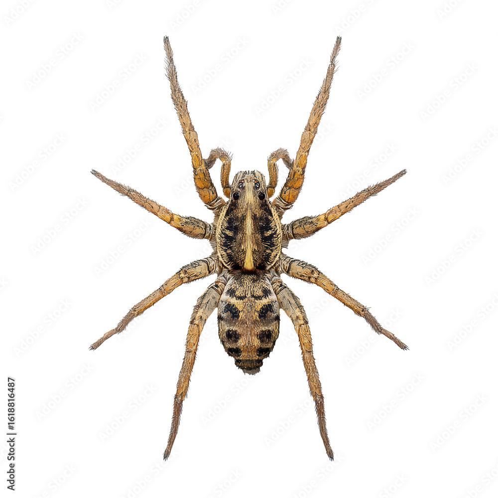 Fototapeta premium Exploring the intricate details of a full-body wolf spider from above on a pristine white background