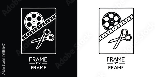 A film editing icon featuring scissors and a film reel, with the text frame by frame, presented in black and white