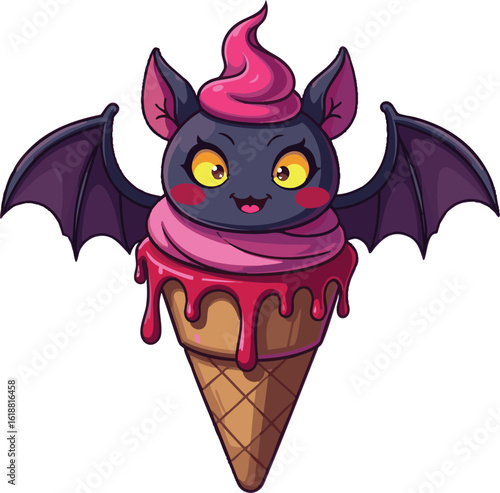 A cute black cat vampire bat illustration flies under a funny moon with a cartoon ice cream on a dark Halloween night