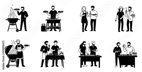 Set of distinct black and white vector illustrations depicting people enjoying outdoor barbecues and gatherings in a clean silhouette style