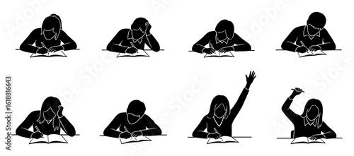 Various group of students in silhouette form some raising hands in classroom setting others focused on their studies silhouette