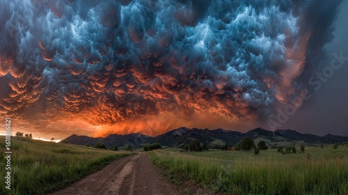 Dramatic storm clouds over a rural landscape