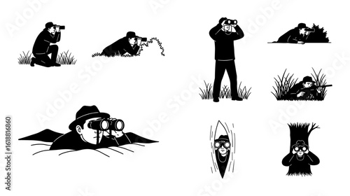 Various human figures in silhouette engaged in observation and photography activities with binoculars and cameras