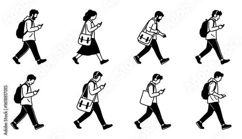 Various group of young adults walking with backpacks and mobile phones in a simple sketch silhouette style