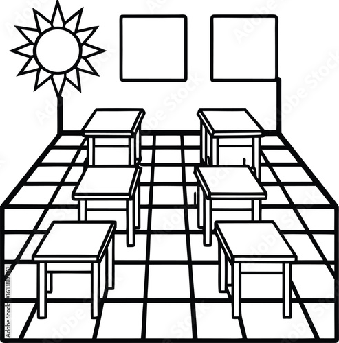classroom with colorful floor tiles desks and sunlight