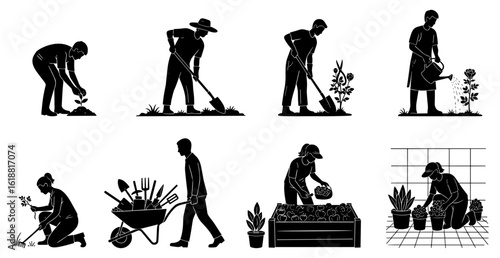 Silhouettes of gardeners engaged in various horticultural activities from planting to watering plants
