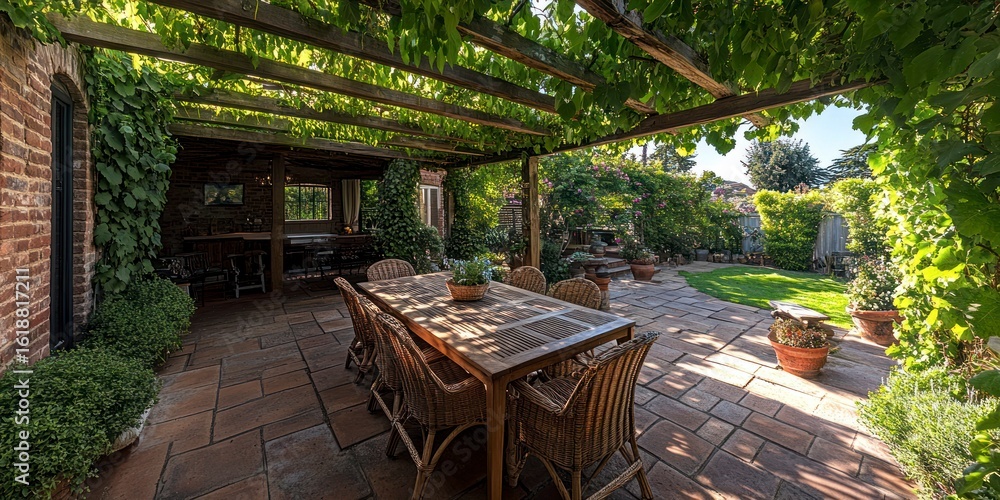 Obraz premium Garden pergola panorama with outdoor dining set under overhead vines 