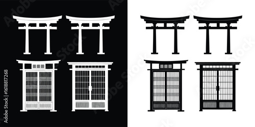 Traditional Japanese torii gate and shoji door vector set in black and white for cultural architecture and design illustration