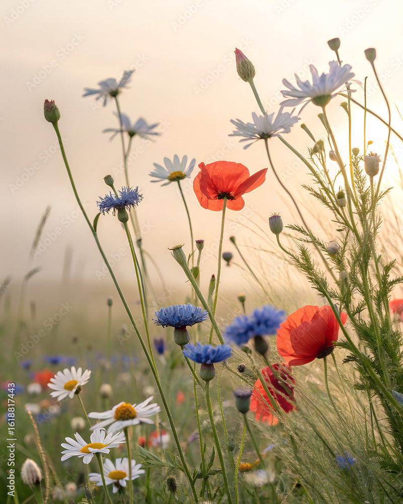 Obraz premium Wild Meadow Flowers – daisies, cornflowers, poppies scattered on a light background 