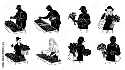 Set of different people in silhouette form engaged in various activities at a flower market stall