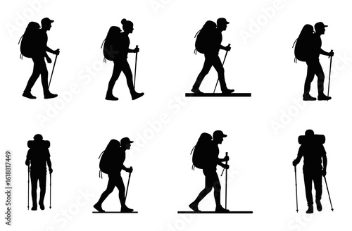 Set of different hiker silhouettes with backpacks and trekking poles engaged in various outdoor activities and poses silhouette