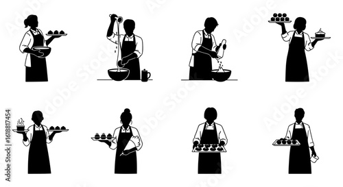 Set of different chef silhouettes engaged in culinary activities demonstrating baking and serving food